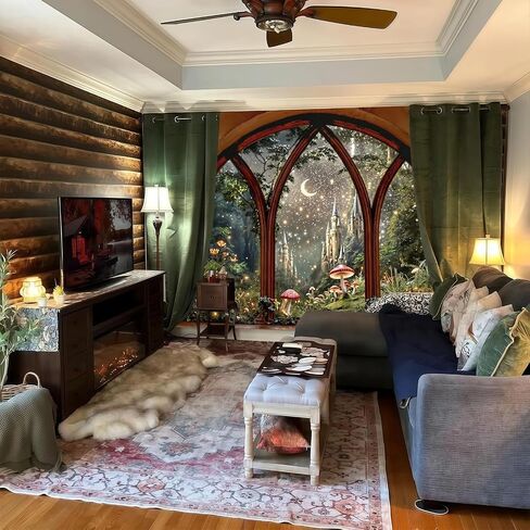 Esoes Window Forest Tapestry 80 x 60 Inch Large Green Plant Nature Floral Jungle Wall Tapestry for Bedroom Living Room Rainforest Stream Outdoor Landscape Tapestries Wall Hanging (castle) in Saudi Arabia