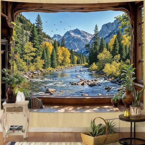 Esoes Window Forest Tapestry 80 x 60 Inch Large Green Plant Nature Floral Jungle Wall Tapestry for Bedroom Living Room Rainforest Stream Outdoor Landscape Tapestries Wall Hanging (castle) in Saudi Arabia