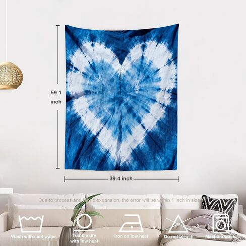 Batmerry Tie Dye Tapestry,Indigo Hearts Abstract Art Fashion Wall Art Hanging Decoration Polyester Fiber White Ruffled Around for Dorm Room Bedroom Living Room, 59.1x39.4 inches in Kuwait