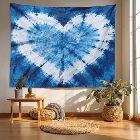 Batmerry Tie Dye Tapestry,Indigo Hearts Abstract Art Fashion Wall Art Hanging Decoration Polyester Fiber White Ruffled Around for Dorm Room Bedroom Living Room, 59.1x39.4 inches in Kuwait