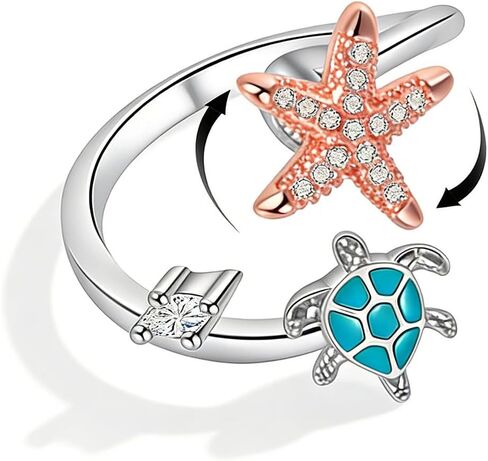 Sea Turtle Ring for Women Gold Silver Spinning Starfish Fidget Open Ring Rotating Crystal Anxiety Adjustable Rings Rotatable Summer Ocean Vacation Jewelry Accessories in Saudi Arabia