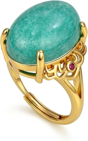 Amazonite Ring, Trendy Oval Shaped Gemstone Rings for Women Anniversary Jewelry, Gold Plated Adjustable Blue Crystal Ring in Saudi Arabia