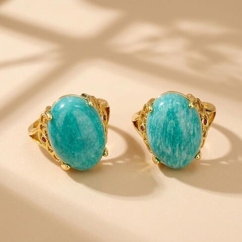 Amazonite Ring, Trendy Oval Shaped Gemstone Rings for Women Anniversary Jewelry, Gold Plated Adjustable Blue Crystal Ring in Saudi Arabia