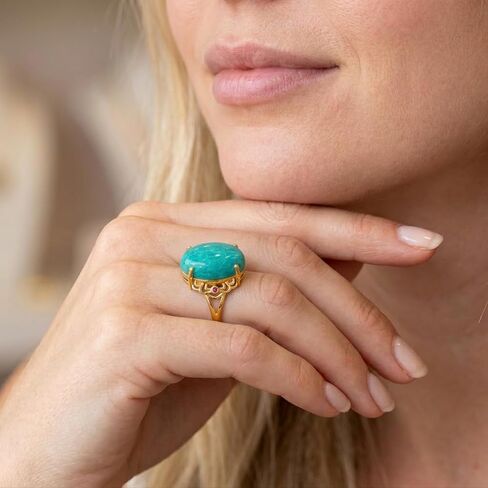Amazonite Ring, Trendy Oval Shaped Gemstone Rings for Women Anniversary Jewelry, Gold Plated Adjustable Blue Crystal Ring in Saudi Arabia