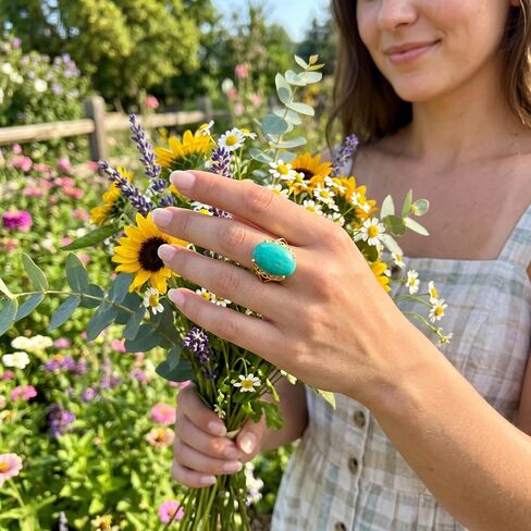 Amazonite Ring, Trendy Oval Shaped Gemstone Rings for Women Anniversary Jewelry, Gold Plated Adjustable Blue Crystal Ring in Saudi Arabia