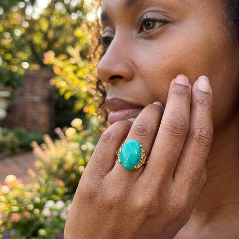 Amazonite Ring, Trendy Oval Shaped Gemstone Rings for Women Anniversary Jewelry, Gold Plated Adjustable Blue Crystal Ring in Saudi Arabia