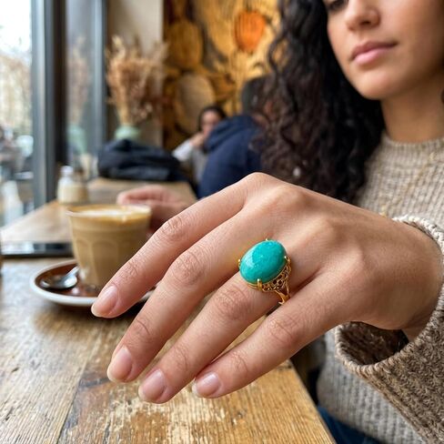 Amazonite Ring, Trendy Oval Shaped Gemstone Rings for Women Anniversary Jewelry, Gold Plated Adjustable Blue Crystal Ring in Saudi Arabia