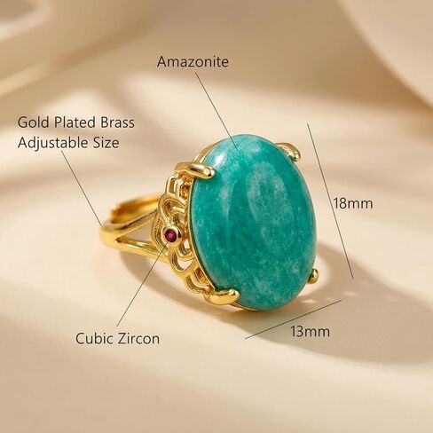 Amazonite Ring, Trendy Oval Shaped Gemstone Rings for Women Anniversary Jewelry, Gold Plated Adjustable Blue Crystal Ring in Saudi Arabia