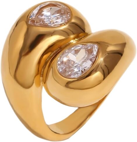 Kokoma Double Cubic Zirconia Chunky Rings for Women Fashion Crystal Statement Wrap Finger Band Stainless Steel Thick Dome Bands Ring Jewelry Comfort Fit in Kuwait