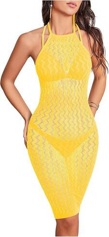 OYOANGLE Women's Fishnet Mesh Halter Lingerie Dress Sexy Bodycon Hollow Out See Through Chemise Beach Cover Up Dress in Saudi Arabia
