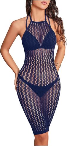 OYOANGLE Women's Fishnet Mesh Halter Lingerie Dress Sexy Bodycon Hollow Out See Through Chemise Beach Cover Up Dress in Saudi Arabia