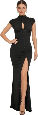 Women's Short Sleeve High Split Long Maxi Dress Sexy Metal Buckle Mock Neck Hollow Out Evening Gown Bodycon for Party Club in Saudi Arabia