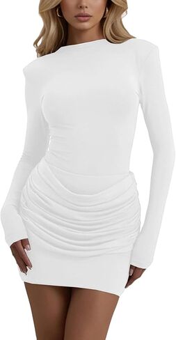 Unybwonn Long Sleeve Mini Dress Bodycon Slim Fit Ruched Elegant Short Dresses Crew Neck Casual Cocktail Party Club Dress in Saudi Arabia