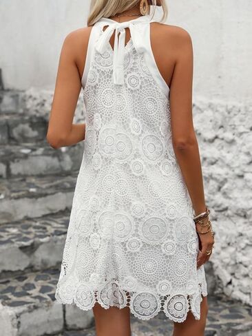 Women's Summer Lace Dress, Halter Neck Cold Shoulder Sleeveless Dress for Beach, Party, Vacation, Lined Inner Layer in Saudi Arabia