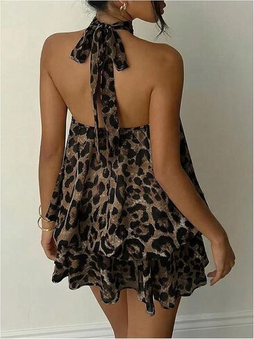 Floerns Women's Y2k Cheetah Halter Mini Dress Chiffon Ruffle A Line Y2k Going Out Dresses in Kuwait
