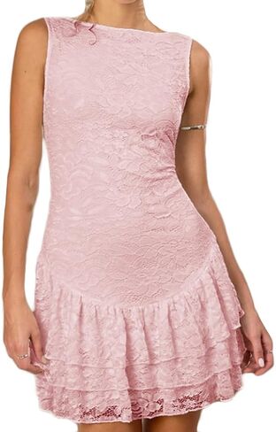 Women Sexy Boat Neck Floral Lace Ruffle Hem Layered Mini Dress Y2k Slim Fit Sleeveless Tiered A-Line Short Dress in Saudi Arabia