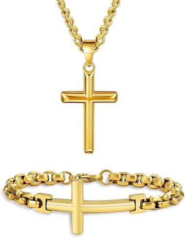 Cross Necklace and Bracelet Set for Men Women Stainless Steel Chain with Cross Pendant Beveled Edge Gold Crucifix Necklace Religion Jewelry Gifts for Him in Saudi Arabia