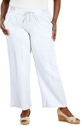 Plus Size Gauze Drawstring Pants Bright White 2X in Saudi Arabia