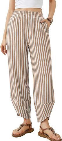 Athlisan Women's Wide Leg Striped Palazzo Pants Elastic Waist Baggy Casual Lounge Trousers with Pockets(Brown-XL) in Kuwait