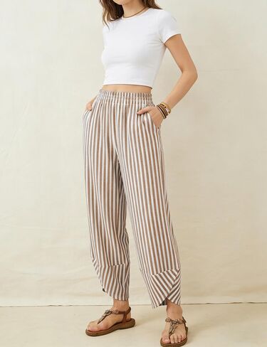 Athlisan Women's Wide Leg Striped Palazzo Pants Elastic Waist Baggy Casual Lounge Trousers with Pockets(Brown-XL) in Kuwait