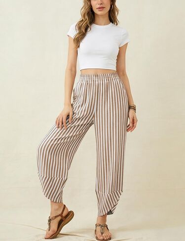 Athlisan Women's Wide Leg Striped Palazzo Pants Elastic Waist Baggy Casual Lounge Trousers with Pockets(Brown-XL) in Kuwait