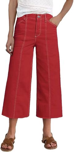 Flamingals Mid Waisted Straight Wide Leg Pants for Women Cropped Business Casual Pants Scarlet XS in Saudi Arabia