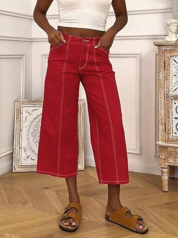 Flamingals Mid Waisted Straight Wide Leg Pants for Women Cropped Business Casual Pants Scarlet XS in Saudi Arabia