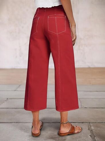 Flamingals Mid Waisted Straight Wide Leg Pants for Women Cropped Business Casual Pants Scarlet XS in Saudi Arabia