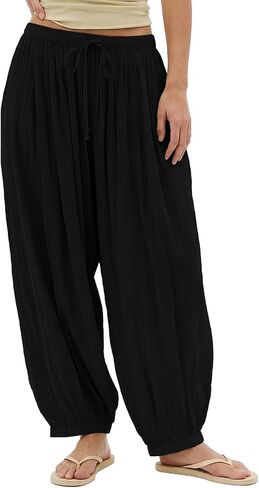 Jenkoon Womens Balloon Pants Summer Flowy Wide Leg Pants Cotton Blend Drawstring Vacation Beach Pants(Black,L) in Saudi Arabia