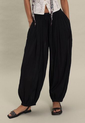 Jenkoon Womens Balloon Pants Summer Flowy Wide Leg Pants Cotton Blend Drawstring Vacation Beach Pants(Black,L) in Saudi Arabia
