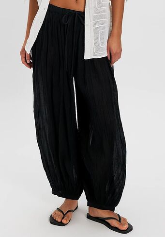 Jenkoon Womens Balloon Pants Summer Flowy Wide Leg Pants Cotton Blend Drawstring Vacation Beach Pants(Black,L) in Saudi Arabia