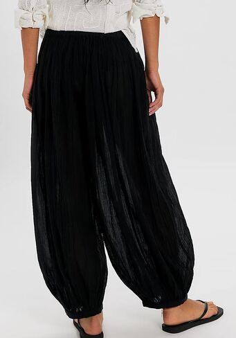 Jenkoon Womens Balloon Pants Summer Flowy Wide Leg Pants Cotton Blend Drawstring Vacation Beach Pants(Black,L) in Saudi Arabia