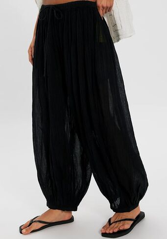 Jenkoon Womens Balloon Pants Summer Flowy Wide Leg Pants Cotton Blend Drawstring Vacation Beach Pants(Black,L) in Saudi Arabia