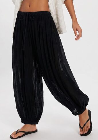 Jenkoon Womens Balloon Pants Summer Flowy Wide Leg Pants Cotton Blend Drawstring Vacation Beach Pants(Black,L) in Saudi Arabia