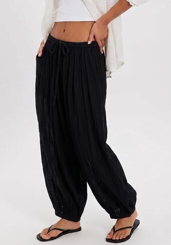 Jenkoon Womens Balloon Pants Summer Flowy Wide Leg Pants Cotton Blend Drawstring Vacation Beach Pants(Black,L) in Saudi Arabia