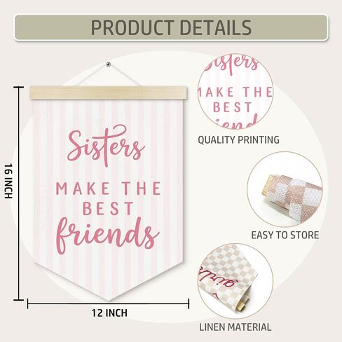 Girls Room Banner Wall Decor, Toddler Girl Room Decor, Pink Sisters Make the Best Friends Wall Art HangingDecor for Girls Bedroom Home, Baby Girls Nursery Canvas Pennant Banner Products, 12x16in in Kuwait