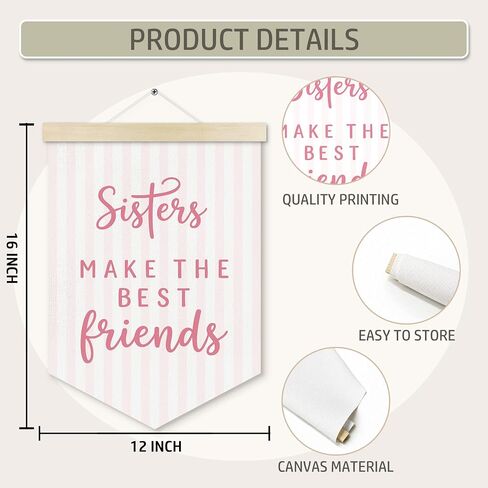Girls Room Banner Wall Decor, Toddler Girl Room Decor, Pink Sisters Make the Best Friends Wall Art HangingDecor for Girls Bedroom Home, Baby Girls Nursery Canvas Pennant Banner Products, 12x16in in Kuwait