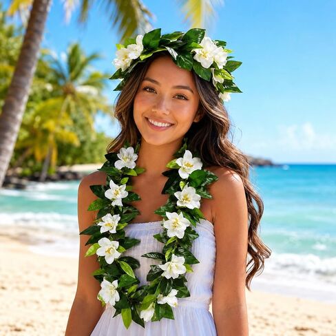 Thiccywoov 2 Pcs Summer Hawaiian Lei 6.56 ft and Flower Headband Artificial Beach Hawaii Maile Lei Necklace Artificial Green Leaves for Summer Wedding Party Hawaiian Luau Party in Saudi Arabia