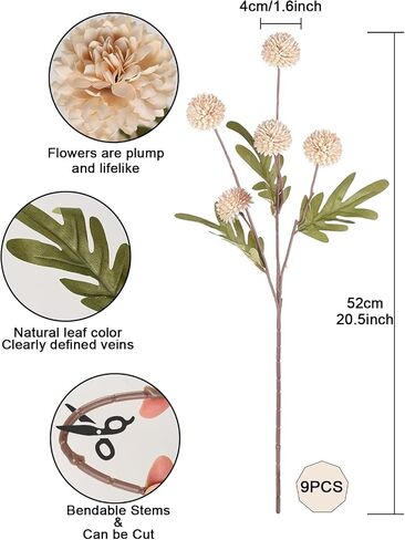 9pcs Beige Fake Flowers Silk Mini Mums with Stems, Faux Chrysanthemum Pompon Balls Artificial Flower Bulk for DIY Wedding Centerpieces, Vase Fillers, Table Floral Arrangements & Home Decor in Kuwait
