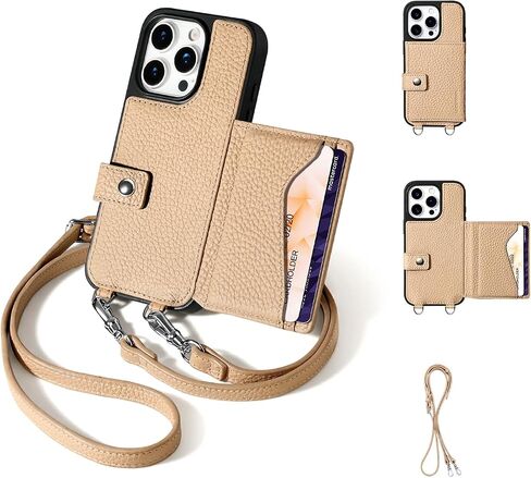 LUCKYCOIN Crossbody Phone Case with Card Holder for iPhone 16 Pro,Compatible with MagSafe,Genuine Pebble Leather Wallet Case with RFID Blocking,Phone Purse with Adjustable Removable Strap - Black in Kuwait