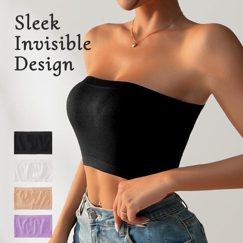 4 Pack Strapless Bandeau Bra, Summer Seamless Stretchy Non Padded Crop Tops Stretch Top Bra for Women in Kuwait