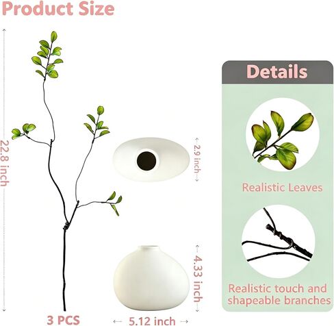 White Ceramic Vase with 3 Pcs Faux Greenery Stems, 5.12" W × 4.33" H Ceramic Vase with 22.83" Bendable Artificial Green Branches, Realistic Fake Plants for Living Room Bedroom Office in Saudi Arabia