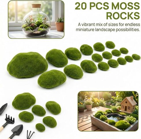 20 Pcs Artificial Moss Rocks, Faux Green Moss Balls for Fairy Garden & Terrarium Decor, Realistic Fuzzy Fake Stones for Vase Fillers, Crafts, Centerpieces & Potted Plants (Mixed Sizes) in Saudi Arabia