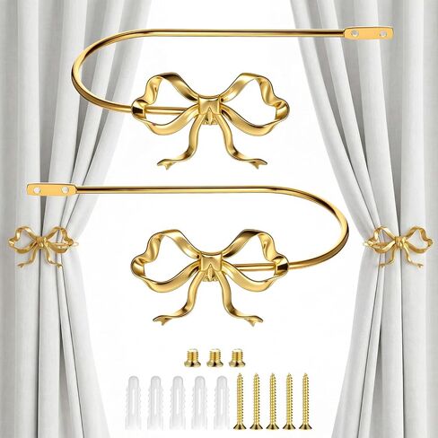 2 PCS Gold Bow Curtain Tiebacks, Gold Curtain Holdbacks Wall Mounted Curtains Tieback Decorative Hooks Curtains Holders with Screws for Living Room, Bedroom and Office in Saudi Arabia