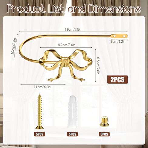 2 PCS Gold Bow Curtain Tiebacks, Gold Curtain Holdbacks Wall Mounted Curtains Tieback Decorative Hooks Curtains Holders with Screws for Living Room, Bedroom and Office in Saudi Arabia