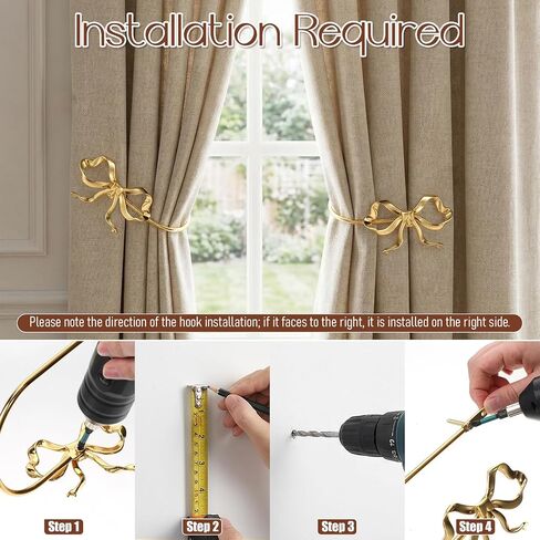 2 PCS Gold Bow Curtain Tiebacks, Gold Curtain Holdbacks Wall Mounted Curtains Tieback Decorative Hooks Curtains Holders with Screws for Living Room, Bedroom and Office in Saudi Arabia