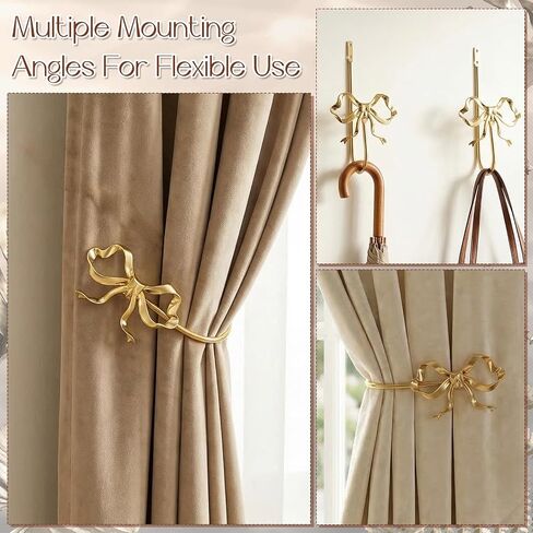 2 PCS Gold Bow Curtain Tiebacks, Gold Curtain Holdbacks Wall Mounted Curtains Tieback Decorative Hooks Curtains Holders with Screws for Living Room, Bedroom and Office in Saudi Arabia