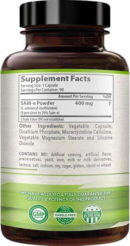 SAM-e 400mg Capsules - Easy Absorption SAM e Supplement 400mg from S-Adenosyl-Methionine for Brain Liver and Mood Support - Non-GMO Gluten Free & Made in cGMP Facility (90 Servings) in Saudi Arabia