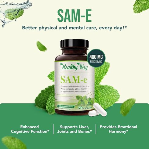 SAM-e 400mg Capsules - Easy Absorption SAM e Supplement 400mg from S-Adenosyl-Methionine for Brain Liver and Mood Support - Non-GMO Gluten Free & Made in cGMP Facility (90 Servings) in Saudi Arabia