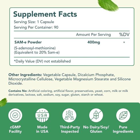 SAM-e 400mg Capsules - Easy Absorption SAM e Supplement 400mg from S-Adenosyl-Methionine for Brain Liver and Mood Support - Non-GMO Gluten Free & Made in cGMP Facility (90 Servings) in Saudi Arabia